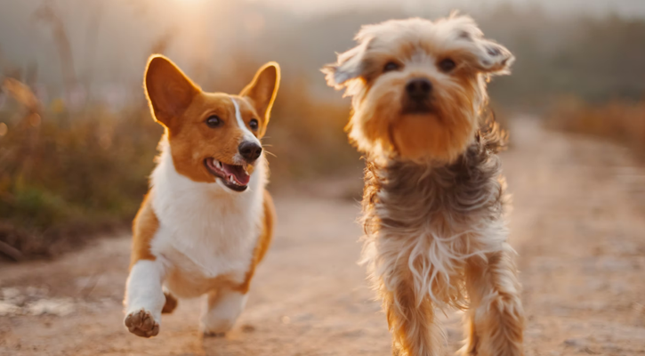 two puppies running together outside